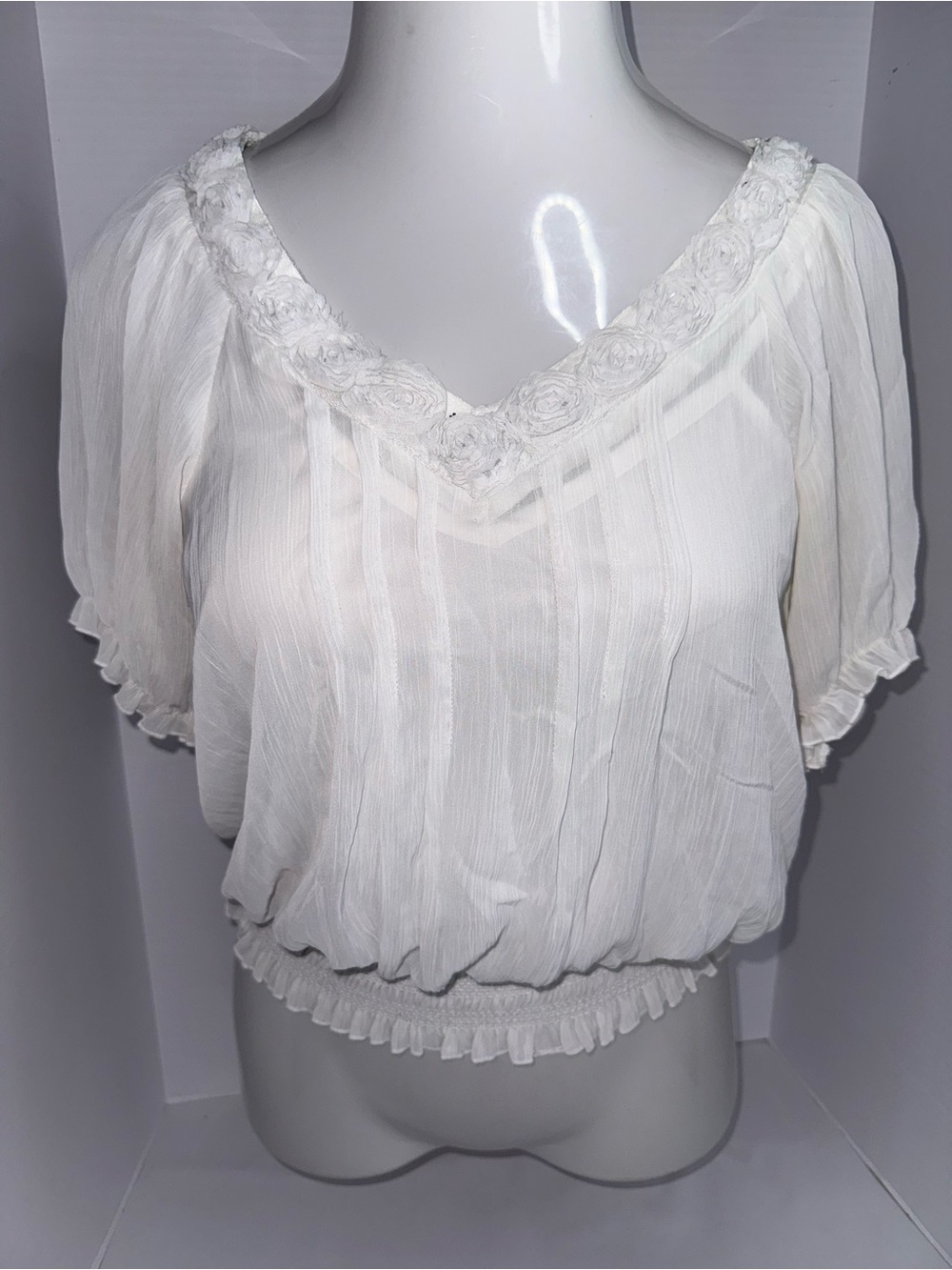 XOXO White Floral-Trim Peasant Top